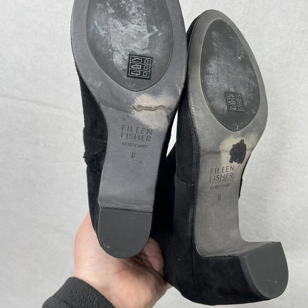 EILEEN FISHER‎ Black Suede Ankle Booties Size 8 Side Zip Block Heel Boots EUC
